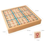 Tavola numerica in legno con numeri colorati e linee blu, ideale per giochi educativi e decorazioni scientifiche, dimensioni 22.5x22.5x0.6 cm.