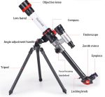 Telescopio astronomico con treppiede, mirino zenitale, bussola e manico di messa a fuoco, ideale per osservazioni scientifiche e astronomiche.