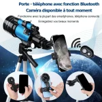 Telescope con supporto per smartphone e funzione Bluetooth, ideale per osservazioni astronomiche e fotografie. Compatibile con vari dispositivi mobili, permette di catturare momenti unici.