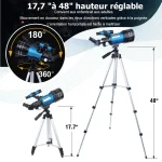Telescopio con treppiede regolabile fino a 48 pollici, ideale per osservazioni astronomiche e scientifiche, con rotazione a 180° e 360° per un facile orientamento.