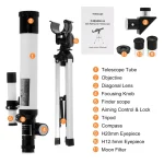 Set di telescopio scientifico con obiettivo, lente diagonale, filtri, e accessori per osservazioni astronomiche e studi scientifici.