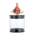 Vaso di vetro con spirale decorativa in metallo, oggetto di design scientifico, perfetto come decorazione moderna e originale per ambienti domestici o uffici.