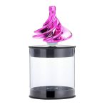Decorazione scientifica in vetro e metallo, con forma di spirale rosa e base trasparente, perfetta come oggetto decorativo o da collezione.