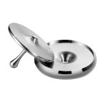 Piatto di metallo con coperchio in acciaio inox, oggetto scientifico decorativo, design moderno e funzionale, ideale per esposizione o uso pratico.
