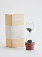 Orologio a sabbia decorativo con pianta in vaso di terracotta, perfetto come oggetto scientifico e decorativo per ambienti moderni e minimalisti.