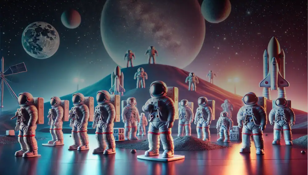 Gli astronauti in miniatura su una superficie lunare con pianeti e una navicella spaziale sullo sfondo, rappresentano un'ambientazione spaziale futuristica e scientifica.