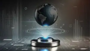 L'immagine mostra un globo terrestre sospeso sopra una piattaforma futuristica, circondato da elementi digitali e grafici scientifici, simbolo di innovazione e tecnologia globale.
