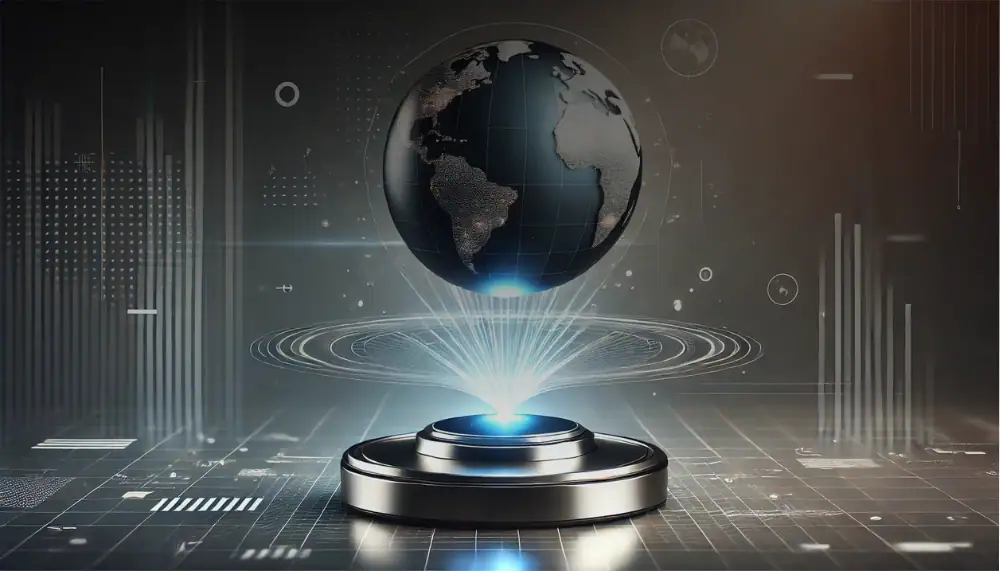 L'immagine mostra un globo terrestre sospeso sopra una piattaforma futuristica, circondato da elementi digitali e grafici scientifici, simbolo di innovazione e tecnologia globale.