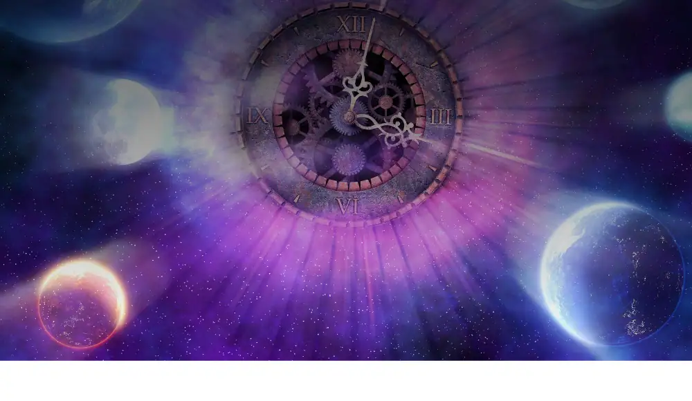 Orologio astratto con sfondo spaziale, elementi di ingranaggi e pianeti, simbolo di scienza e tecnologia, in tonalità di viola e blu, ideale come decorazione scientifica moderna.