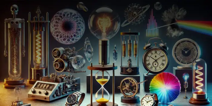 Strumenti scientifici vintage e decorazioni ispirate alla scienza, tra cui orologi, esperimenti e modelli di energia, perfetti per decorare ambienti educativi o scientifici.
