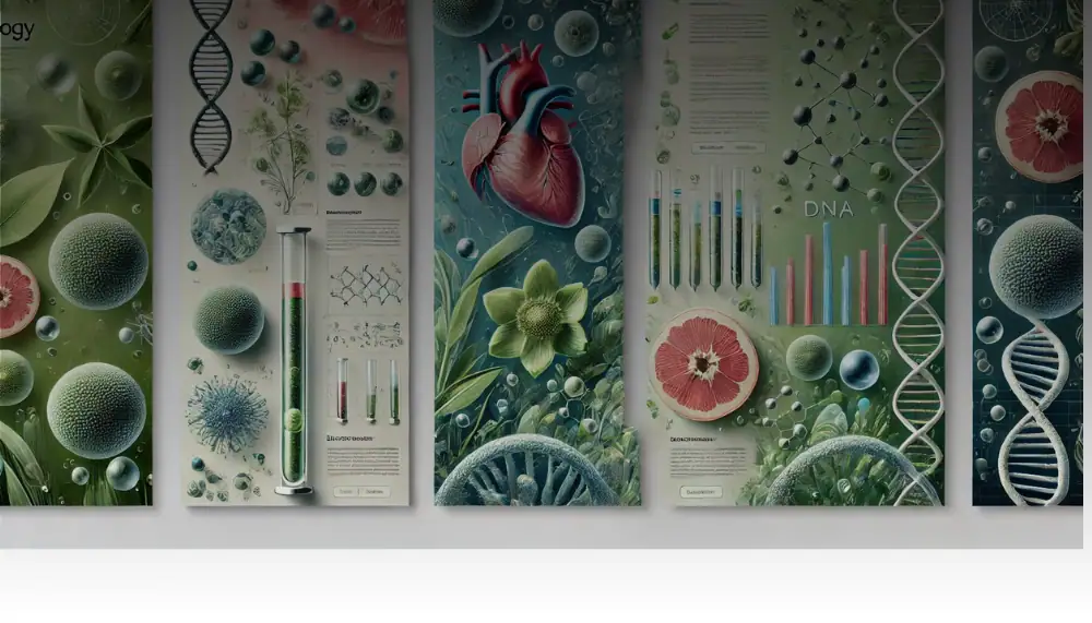 L'immagine mostra pannelli decorativi scientifici con illustrazioni di DNA, cellule, cuore e grafici, ideali per arredare ambienti educativi o scientifici con stile e originalità.