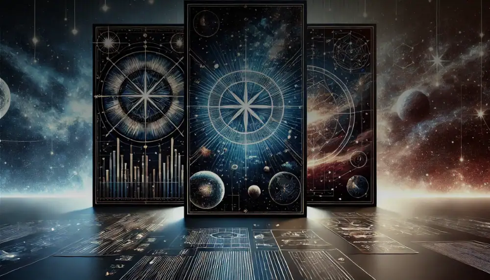 L'immagine mostra pannelli con grafici e rappresentazioni astratte di dati scientifici e cosmici, ambientata in uno spazio futuristico con sfondo stellato.