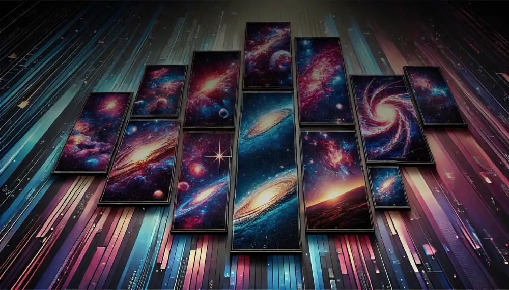 L'immagine mostra un'installazione artistica con schermi digitali che rappresentano immagini di galassie e l'universo, creando un effetto visivo immersivo e futuristico.