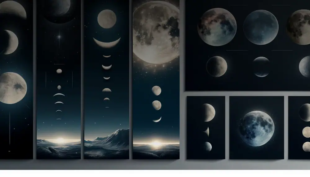 Simulazione delle fasi lunari e immagini della Terra vista dallo spazio, ideali come decorazioni scientifiche per ambienti educativi e di design. Perfette per appassionati di astronomia e scienza.