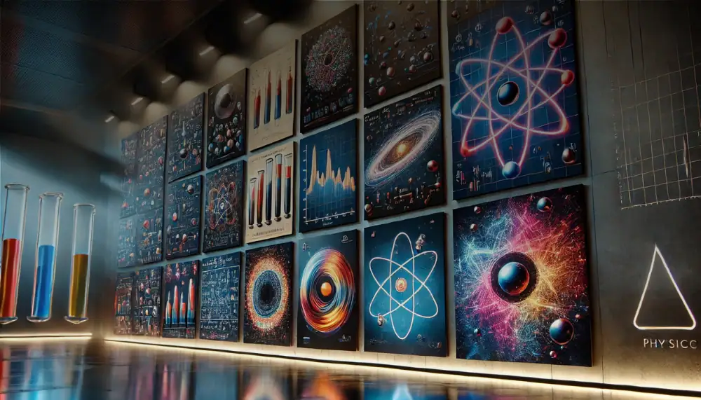 Pannelli decorativi con immagini scientifiche, tra cui atomi, galassie e modelli atomici, ideali per arredare ambienti dedicati alla scienza e alla ricerca.