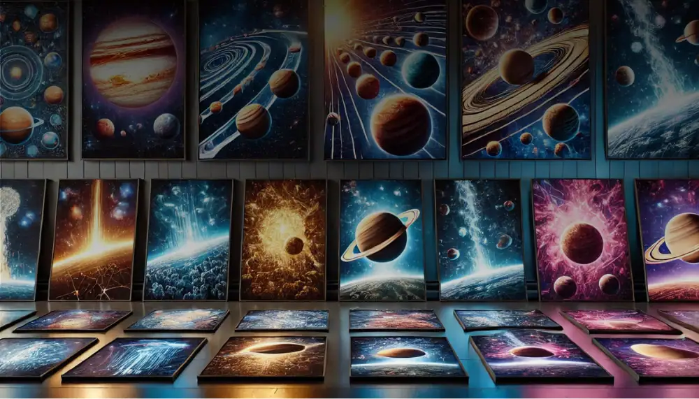 Collezione di stampe artistiche di pianeti e galassie, perfette come decorazioni scientifiche per ambienti moderni e educativi.