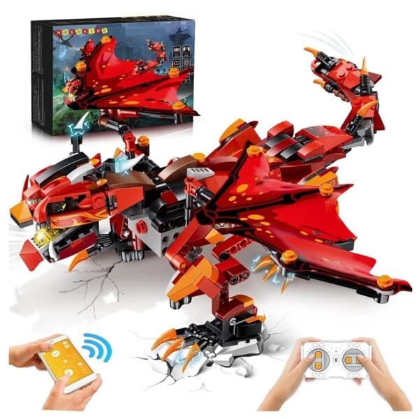 Costruzione di un drago robotico con mattoncini LEGO, dotato di luci e telecomando, perfetto come decorazione scientifica e oggetto da collezione. Ideale per appassionati di tecnologia e scienza.