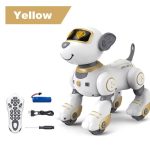 Robot didattico a forma di cane con funzioni interattive, telecomando incluso e accessori vari, ideale per stimolare l'apprendimento e il divertimento.