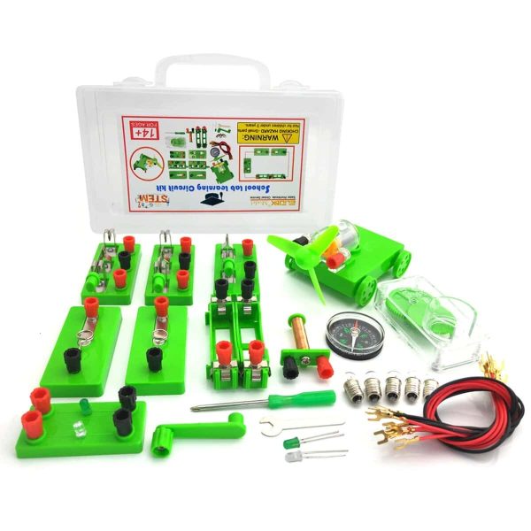Set di strumenti scientifici per bambini con vari componenti come motore, sensori, e strumenti di misura, ideale per attività educative e divertenti in ambito scientifico.