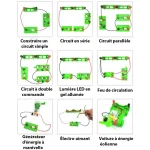 Circuito semplice con luci LED, generatori e motori, ideale per progetti didattici e decorativi.