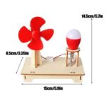 Kit di motore e lampada scientifica con base in legno, ventola rossa e lampada a LED, perfetto per esperimenti educativi e decorazioni scientifiche.
