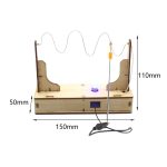 Oggetto scientifico con filo conduttore e base in legno, utilizzato per esperimenti di fisica e elettromagnetismo, con dimensioni di 150mm x 50mm x 110mm.