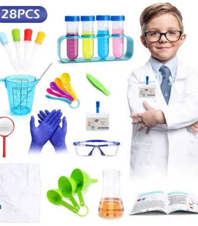 Kit di strumenti scientifici per bambini con provette, pipette, bilancia, occhiali di sicurezza e accessori educativi per esperimenti e decorazioni scientifiche.