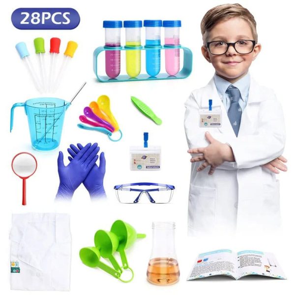 Kit di strumenti scientifici per bambini con provette, pipette, bilancia, occhiali di sicurezza e accessori educativi per esperimenti e decorazioni scientifiche.