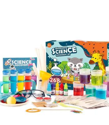 Set di esperimenti scientifici per bambini con materiali colorati e accessori educativi. Ideale per stimolare la curiosità e l'apprendimento scientifico dei più piccoli.