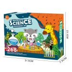 Esperimento scientifico per bambini con animali e strumenti di laboratorio, ideale per stimolare la curiosità e l'apprendimento scientifico in età prescolare.