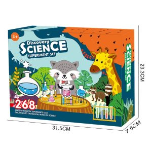 Esperimento scientifico per bambini con animali e strumenti di laboratorio, ideale per stimolare la curiosità e l'apprendimento scientifico in età prescolare.