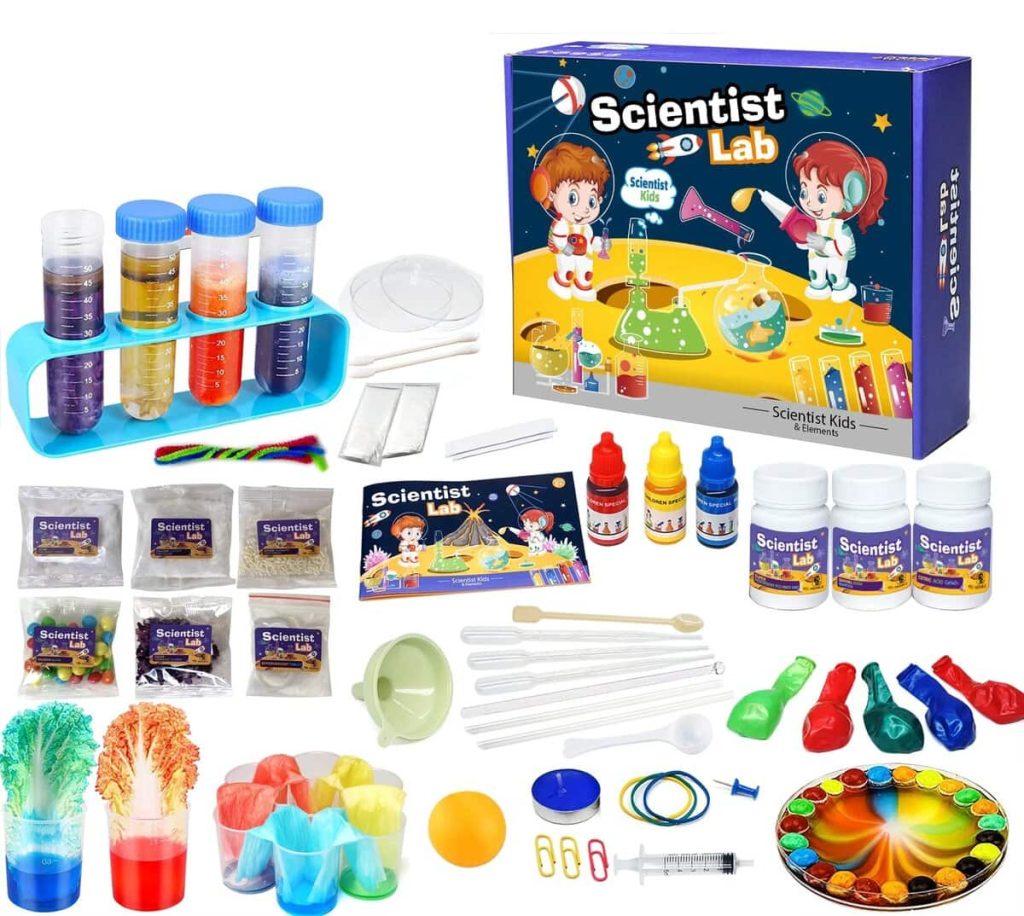 Kit di esperimenti scientifici con provette, coloranti, pipette, e accessori per attività di chimica e biologia.