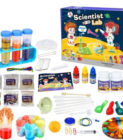 Kit di esperimenti scientifici con provette, coloranti, pipette, e accessori per attività di chimica e biologia.