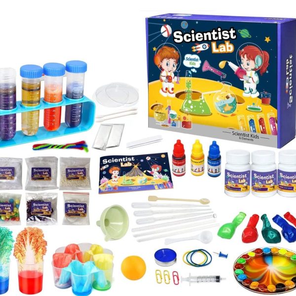 Kit di esperimenti scientifici con provette, coloranti, pipette, e accessori per attività di chimica e biologia.
