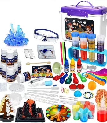Kit di esperimenti scientifici con strumenti, reagenti e accessori per attività educative e divertenti.