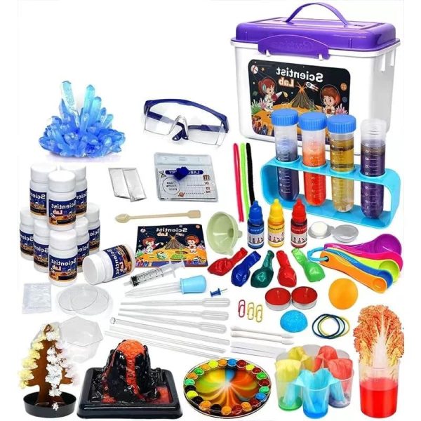 Kit di esperimenti scientifici con strumenti, reagenti e accessori per attività educative e divertenti.