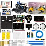 Un robot didattico con motori, sensori, schede di controllo e accessori vari, perfetto per imparare l'elettronica e la programmazione.