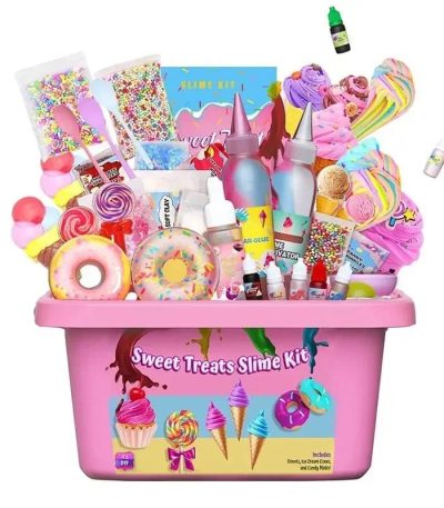 Kit slime con dolcetti e decorazioni colorate.