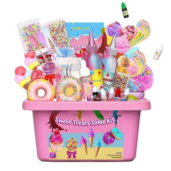 Kit slime con dolcetti e decorazioni colorate.
