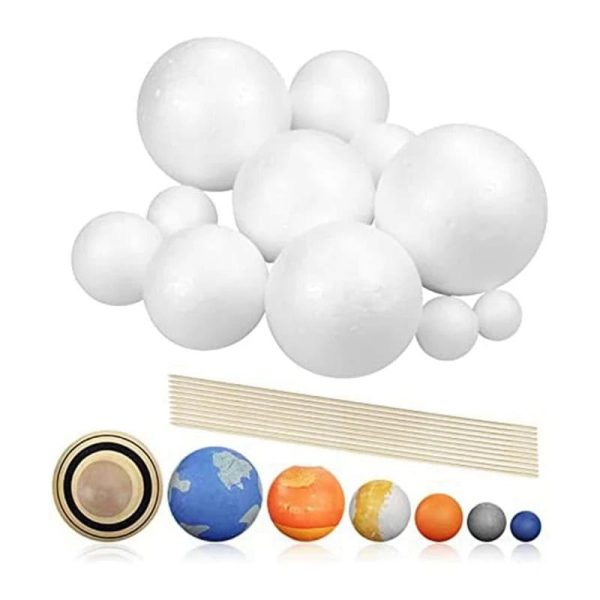 Sfere di polistirolo bianche di diverse dimensioni, ideali per decorazioni scientifiche e progetti creativi, perfette per modellismo e allestimenti tematici.