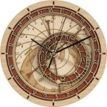Orologio decorativo in legno con design scientifico, numeri romani e dettagli intricati, perfetto come decorazione per appassionati di scienza e oggetti unici.