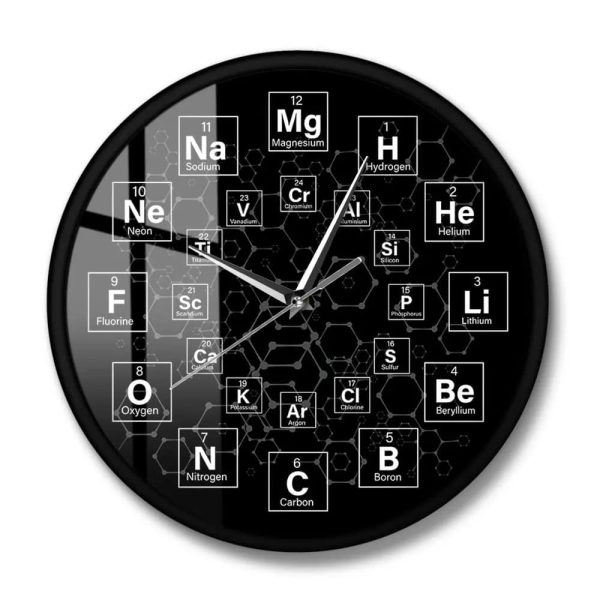 Orologio da parete con design scientifico, mostra gli elementi chimici del sistema periodico con simboli e numeri atomici su sfondo nero e dettagli grafici moderni.