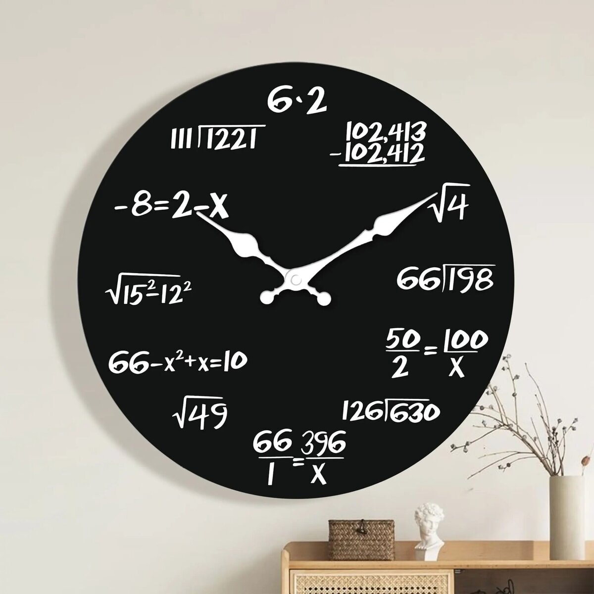 Orologio da parete decorativo con formule matematiche e numeri, stile moderno e originale, perfetto per ambienti studi o aule scolastiche.
