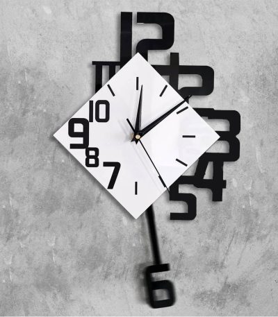 Orologio decorativo con design scientifico, combinazione di numeri e pendolo, ideale per ambienti studi e uffici, stile minimalista e innovativo.