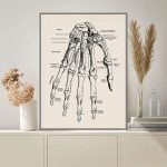 Poster con dettagliata illustrazione di una mano scheletrica umana, con etichette e descrizioni anatomiche, perfetto come decorazione scientifica o da studio.