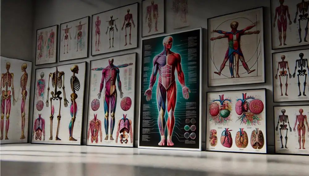 Il sistema muscolare umano rappresentato con poster dettagliati e diagrammi anatomici, ideali per studi scientifici, decorazioni educative e ambienti didattici.