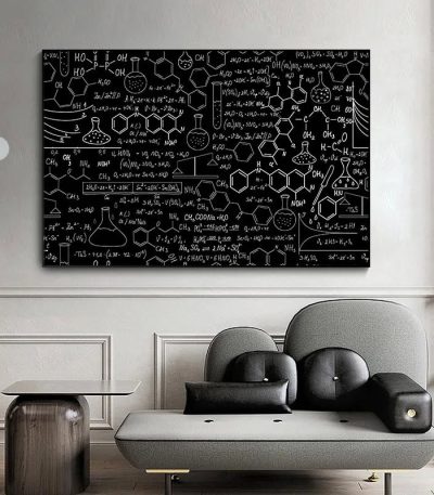 Lavagna decorativa con formule chimiche e strutture molecolari in stile scientifico.