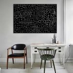 Lavagna nera con formule chimiche e modelli molecolari, decorazione scientifica moderna per ambienti educativi e di studio.