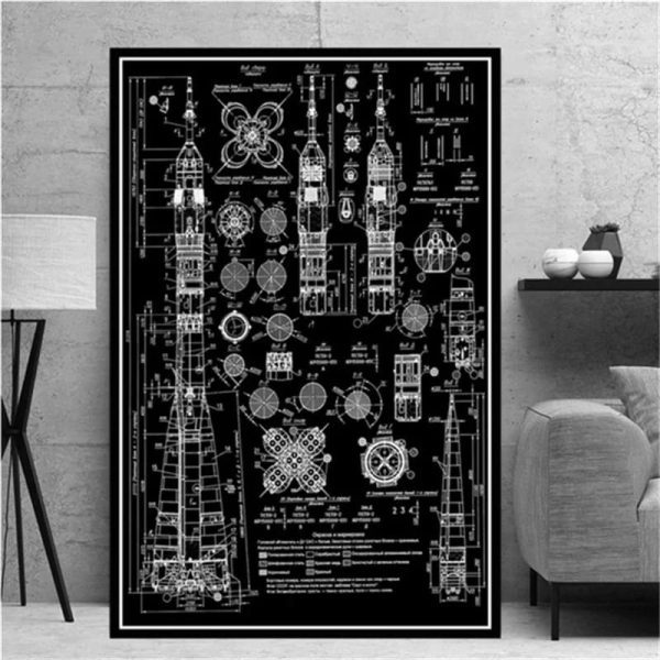 Schema tecnico dettagliato di un razzo spaziale con diagrammi e misure, ideale come decorazione scientifica per appassionati di spazio e tecnologia.