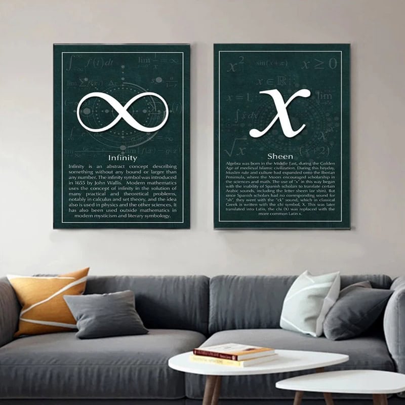 Simboli matematici di infinito e x, perfetti come decorazioni per ambienti studi o a tema scientifico. Queste stampe aggiungono un tocco intellettuale e moderno alle pareti di casa o ufficio.